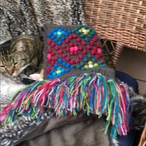 Deep brown scarf, multi colored Pom Pom